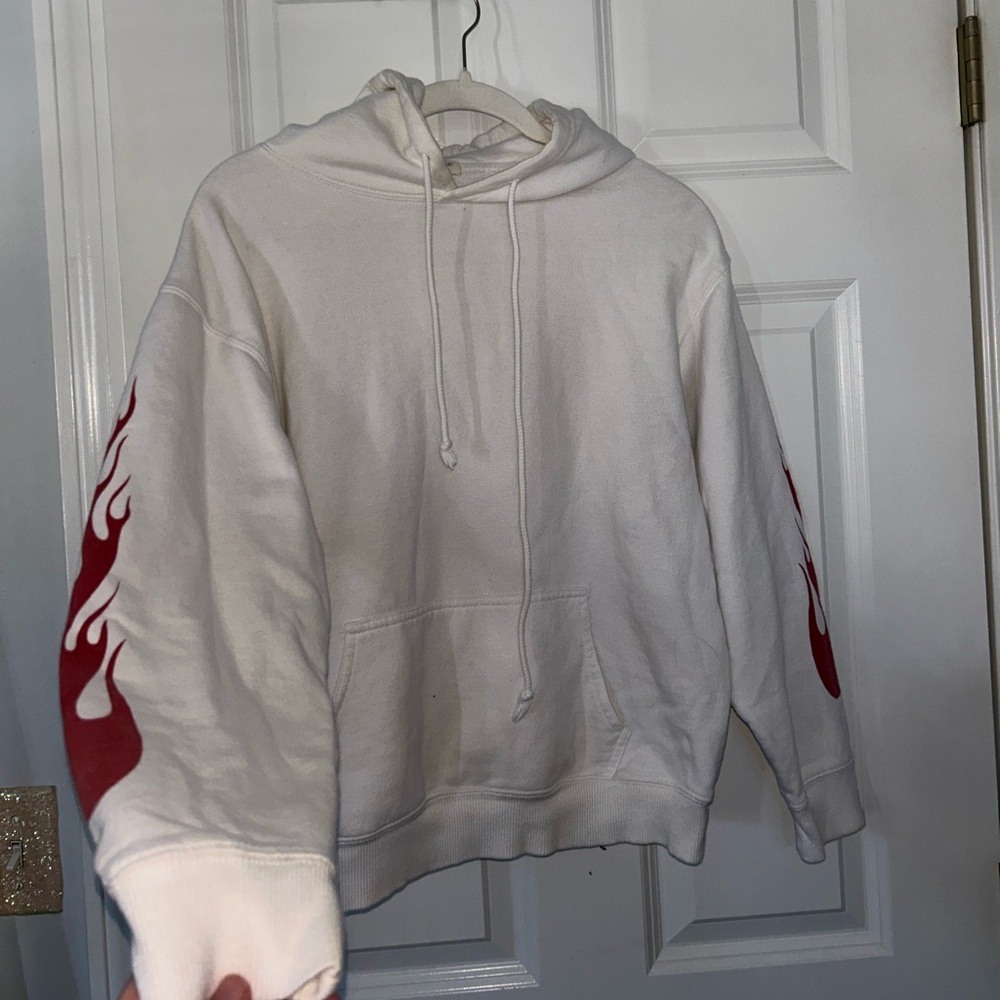 Brandy Melville White Hoodie with Red Flames